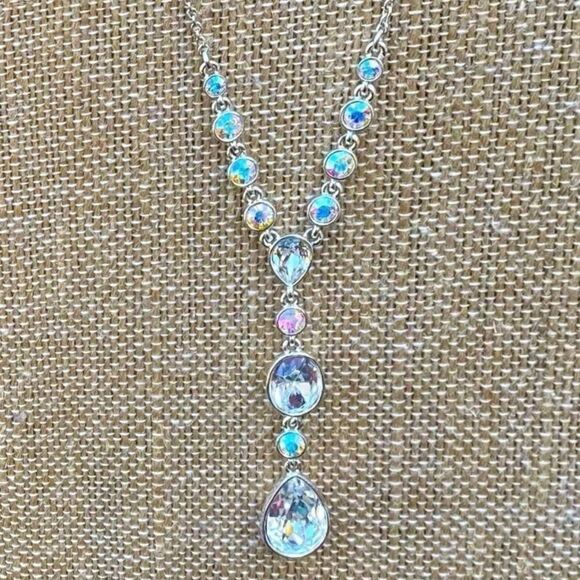 Givenchy Silver Necklace w/ Iridescent Round and Teardrop Crystals. EUC! - Picture 1 of 4